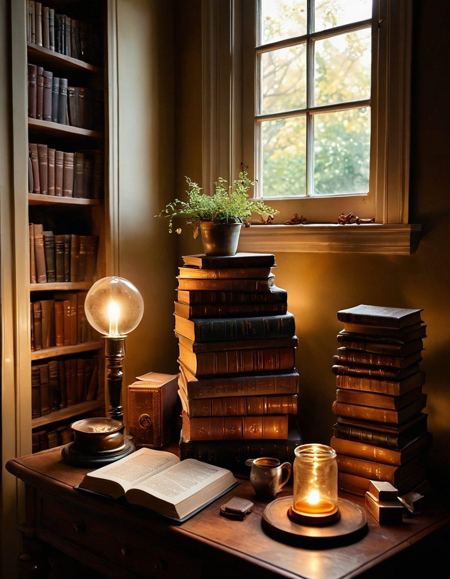 A whimsical bookshelf overflowing with old, dusty books, each glowing softly to symbolize their hidden treasures. Scattered literary quotes float around like fireflies, and a vintage magnifying glass rests atop a delicate stack, inviting exploration. A subtle hint of a cozy reading nook in the background enhances the warm atmosphere, with sunlight streaming through a window. painting. warm tones. inviting ambiance.