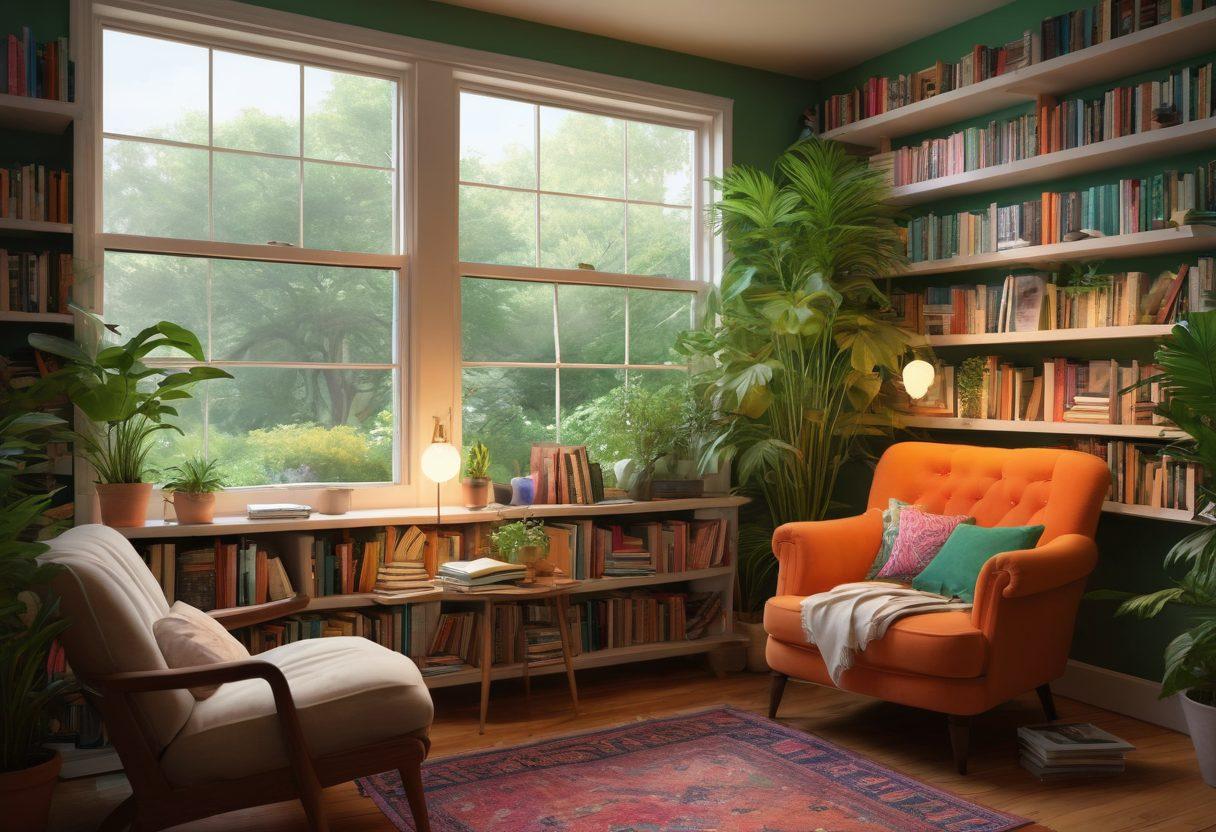A cozy reading nook featuring comfy chairs piled with colorful books, soft lighting, and an open window with a gentle breeze. In the foreground, diverse readers engaging in lively discussions, their expressions animated. Books scattered around include underrated novel covers showcasing intriguing artwork. A warm, inviting atmosphere with lush green plants in the background. super-realistic. vibrant colors. cozy ambiance.