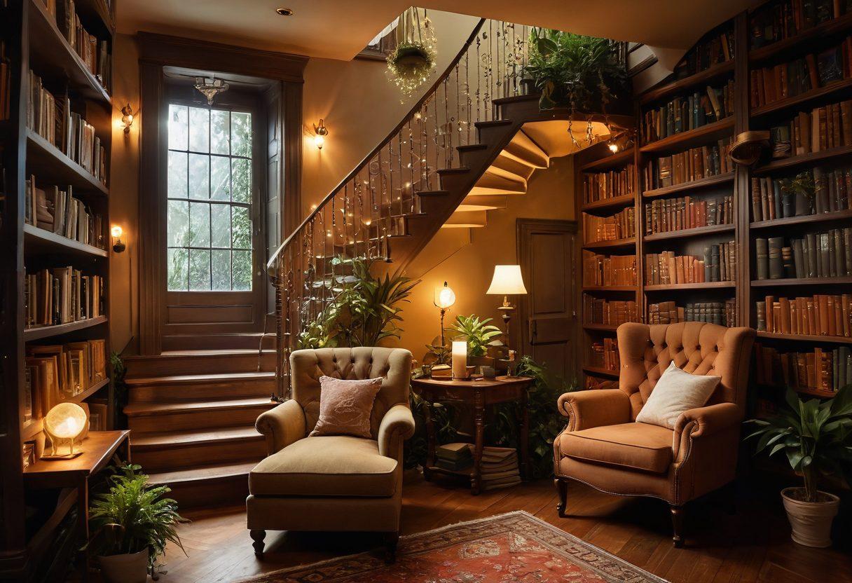 An enchanting library filled with forgotten books, with soft light illuminating dusty shelves. A whimsical staircase spirals upwards, leading to mysterious doorways. A cozy reading nook with a comfy chair and an open book, surrounded by plants and fairy lights, inviting exploration. Mystical elements like floating quills and glowing pages add a magical touch. Illustrative art style with warm tones and intricate details.